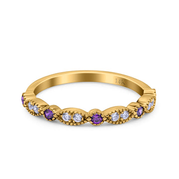 14K Yellow Gold Half Eternity Wedding Band Art Deco Design Simulated Amethyst CZ Ring Size-7